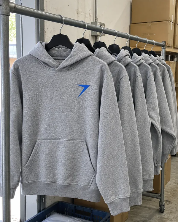 Heather gray hoodies on a factory rail, the nearest with a blue bolt on the chest