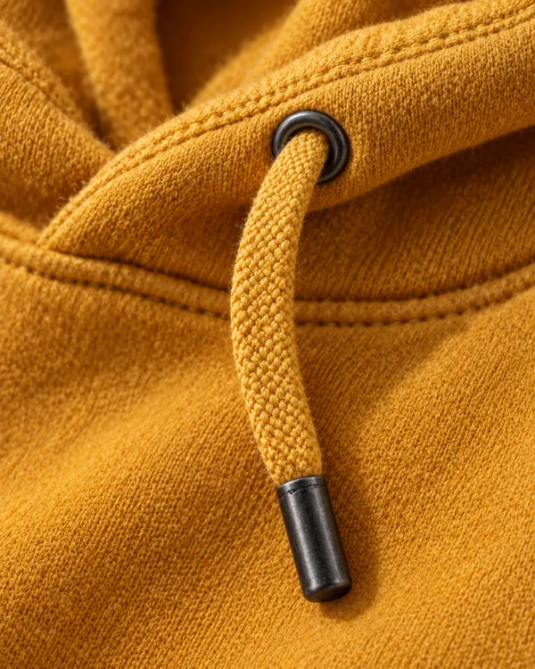 Flat woven gold drawcord with metal tips on the SOLAR hoodie
