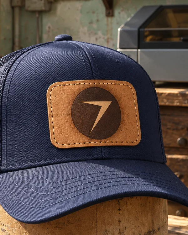 STAMP trucker cap with a leather patch, close up