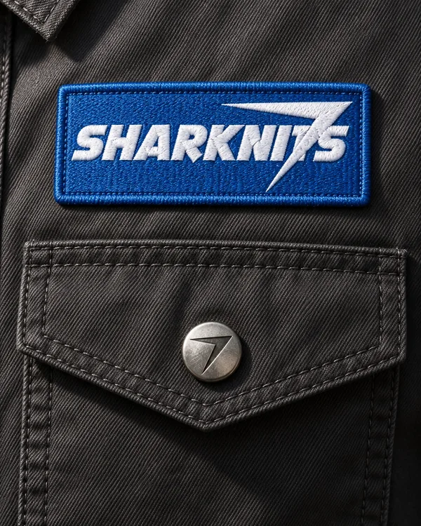 Blue SHARKNITS patch with a rolled edge above a pocket flap with a bolt snap, on a charcoal work shirt