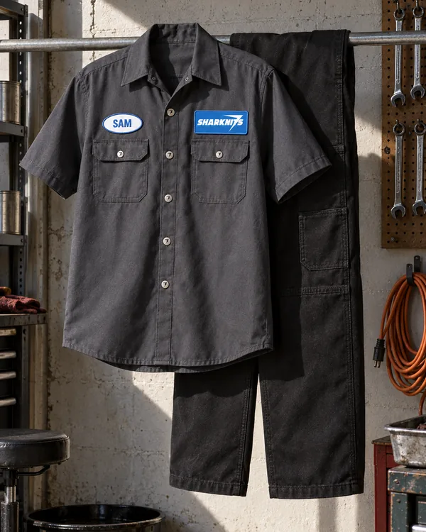 Charcoal TORQUE work shirt with SHARKNITS and SAM patches, over black canvas work pants
