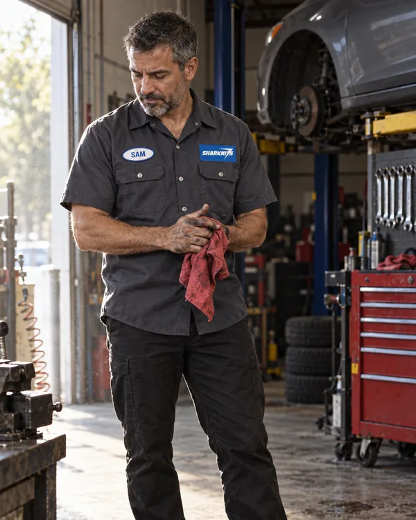 Mechanic wiping his hands in a garage, in the charcoal TORQUE work shirt with a blue SHARKNITS patch and a SAM name patch