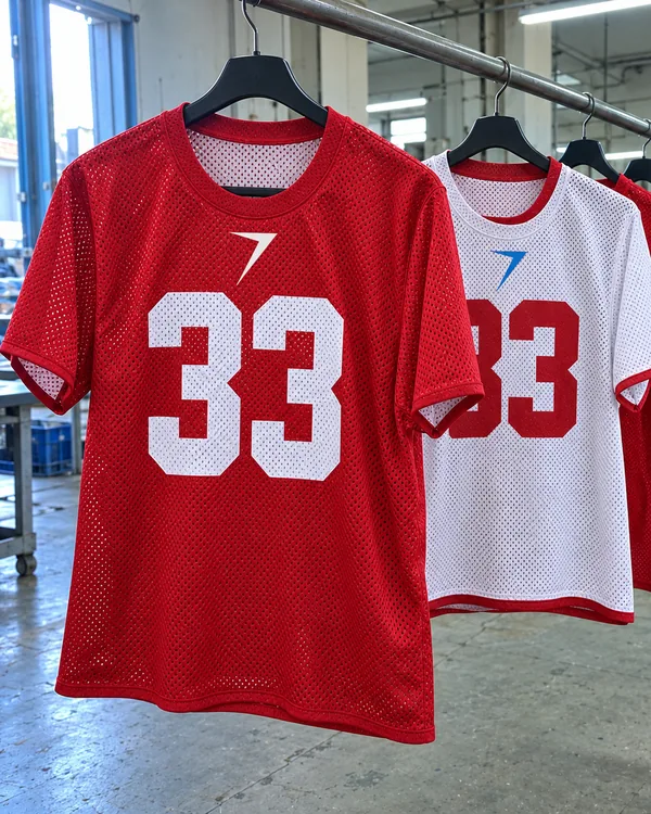 Reversible practice jerseys on a factory rail, the nearest scarlet with a white 33 and the next white with a red 33