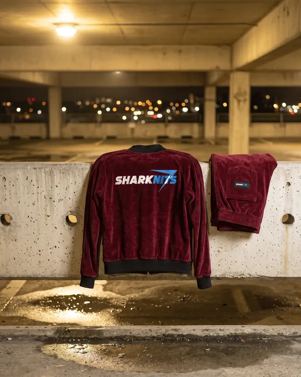 VELOUR burgundy velour track jacket hung over a concrete wall in a parking garage, with SHARKNITS across the back and the folded pants beside it