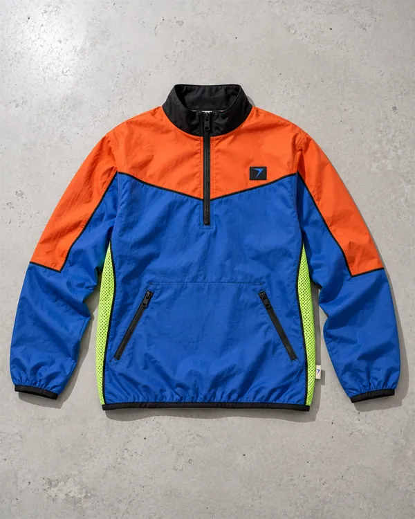 VOLT pullover shell in orange, blue and black, with a quarter zip, a front pouch and lime mesh side vents