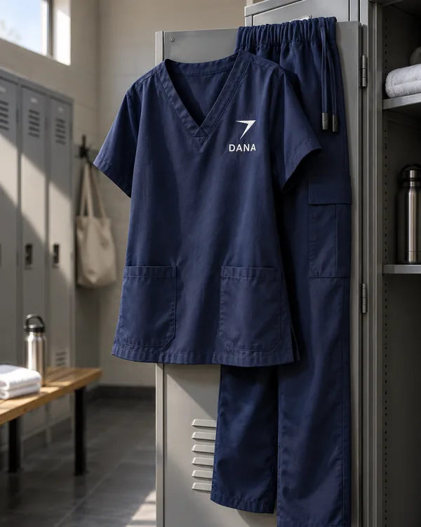 Navy WARD scrub top and pants with a white bolt and DANA embroidered on the chest