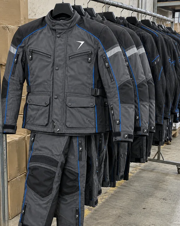 Charcoal textile riding jackets with matching pants on a rail, with black mesh jackets further along