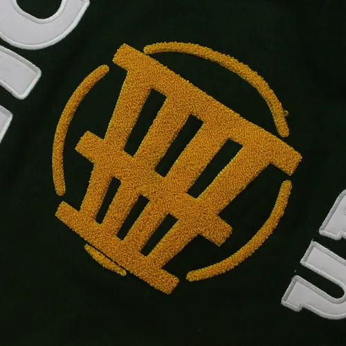 Green chenille crest, close up