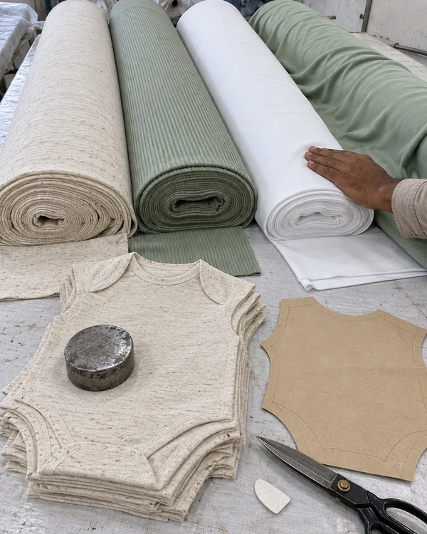 Rolls of oatmeal, sage rib and white knit fabric, with a stack of cut bodysuit panels and a paper pattern