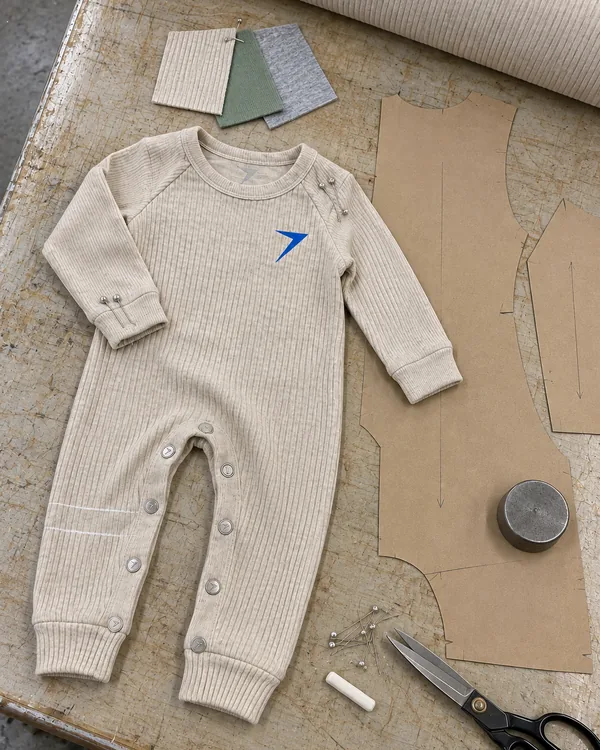 A first sample of an oatmeal rib romper on a cutting table, with pins, chalk lines and paper patterns beside it