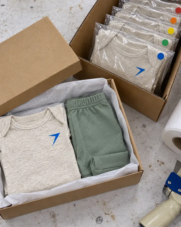 A baby set in a gift box with tissue, beside a carton of bagged bodysuits with color dot stickers
