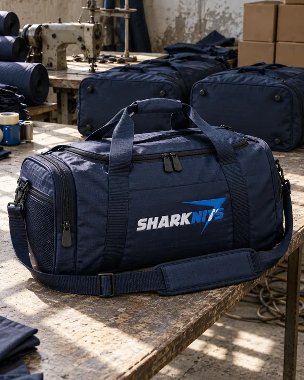 Three navy team duffel bags on a packing table, the front one with SHARKNITS embroidered on the side