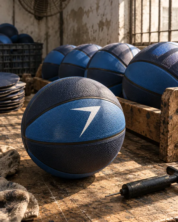 Blue and navy basketball with a white bolt on a workbench, in front of a wooden rack of more basketballs