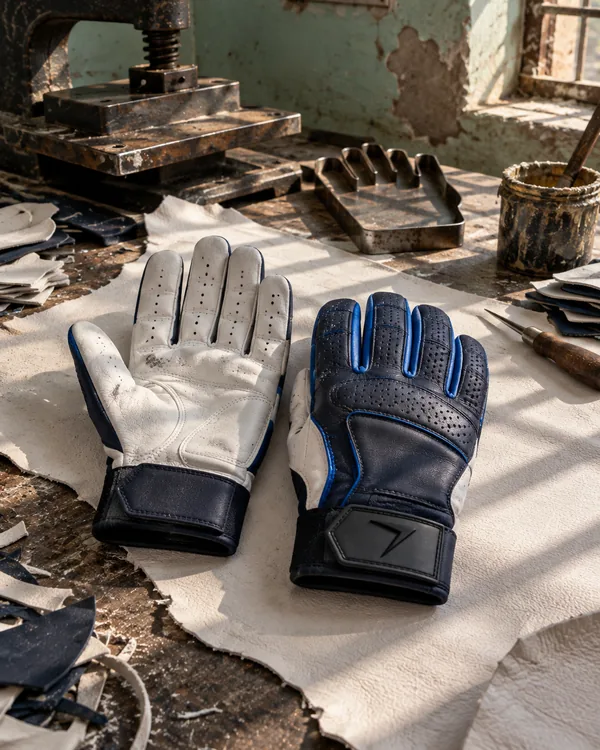 Pair of baseball batting gloves on a white hide: a white leather palm, and a navy back with blue piping and a rubber bolt tab on the strap
