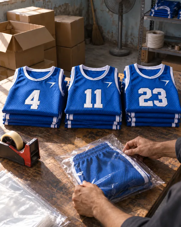 Folded blue basketball uniforms with white numbers 4, 11 and 23 on a packing table, and hands sliding a set into a clear bag
