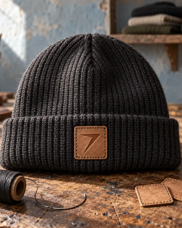 Black rib-knit beanie with a tan leather patch debossed with the bolt, on a workbench