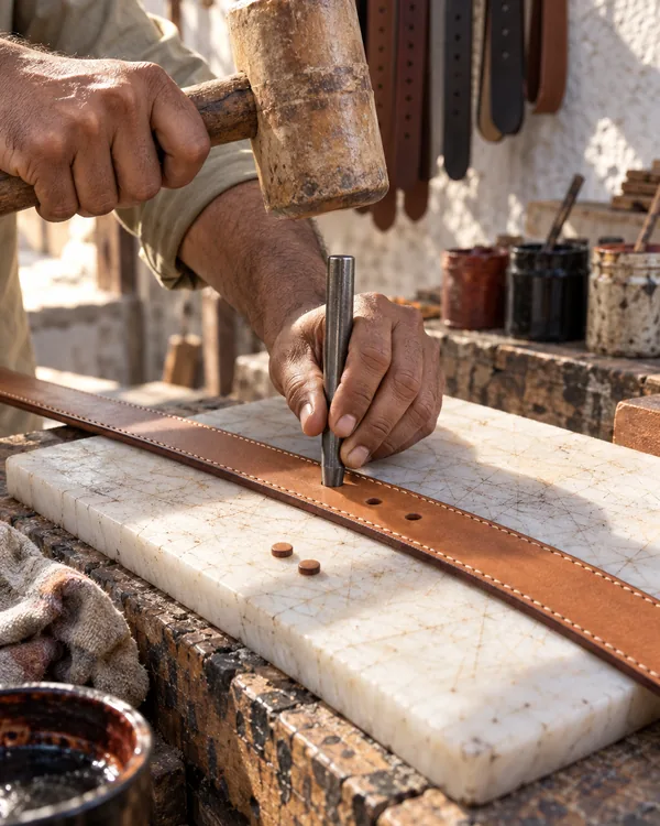 Hands punching holes in a tan leather belt with a steel punch and a wooden mallet, on a white cutting board