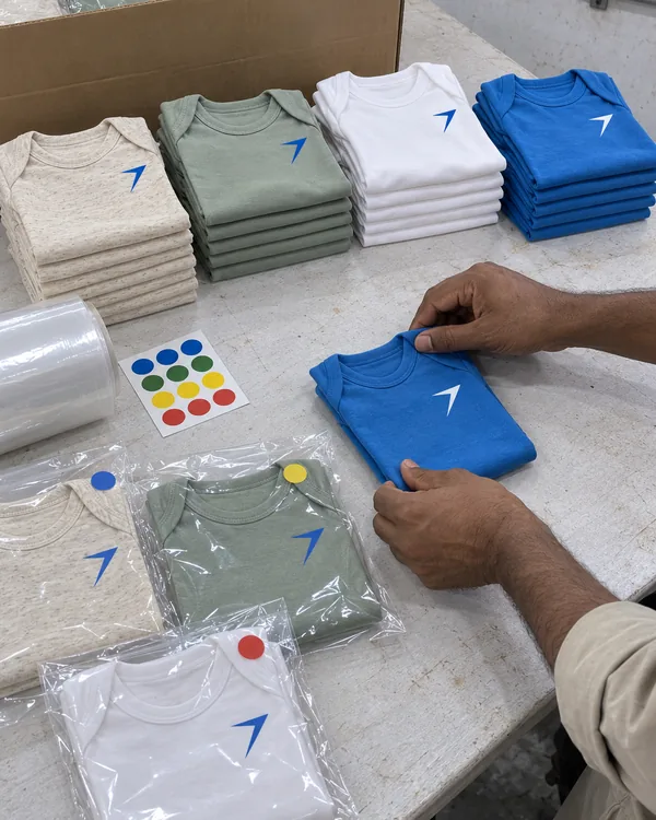 Folded baby bodysuits stacked in oatmeal, sage, white and blue on a packing table, with hands folding a blue one