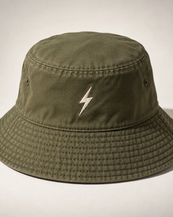 Olive cotton twill bucket hat with a small embroidered bolt on the front