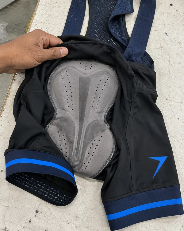 Black bib shorts turned half inside out to show a gray pad and the gripper dots inside a leg band