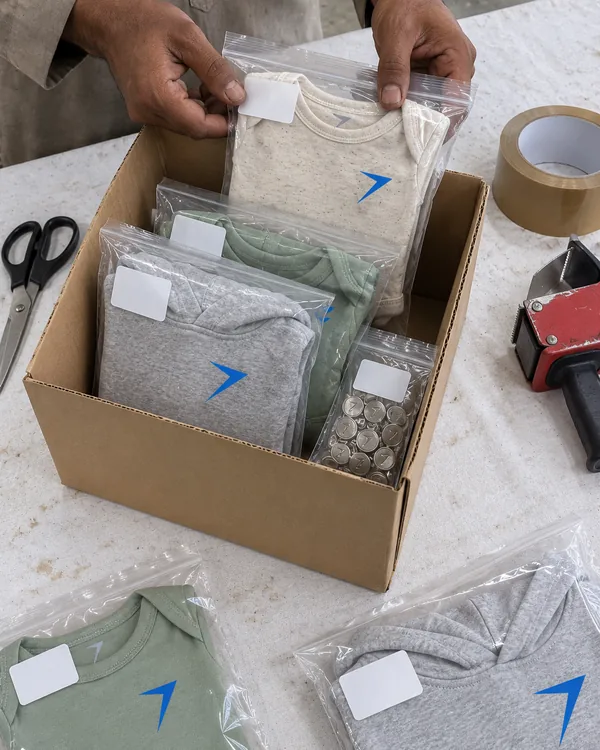 Hands pack baby bodysuits, a kids hoodie and a bag of snaps into a box, each in a clear bag with a blank white label