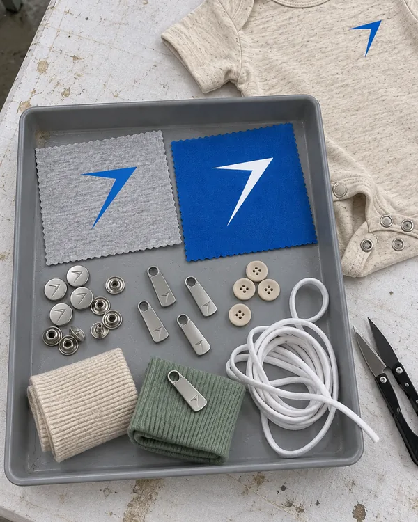 A gray tray of trims: snaps and zip pulls pressed with a bolt, buttons, rib cuffs, white elastic and two fabric swatches with print tests