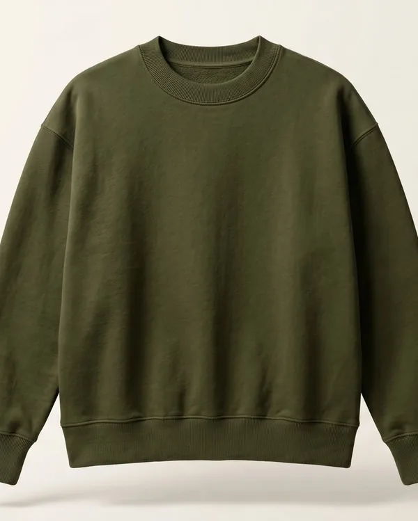 Olive crewneck sweatshirt with rib cuffs and hem, on a cream background