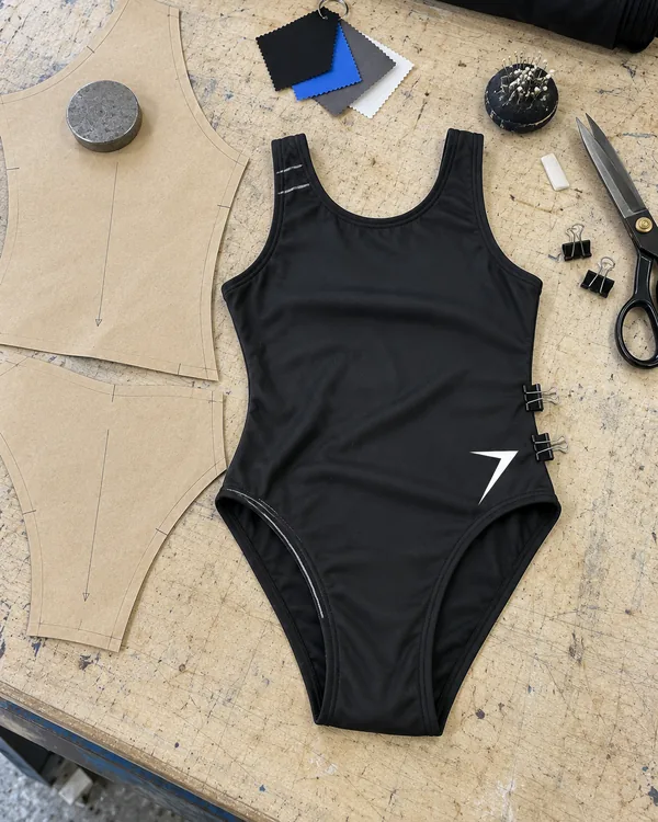 A first sample of a black leotard with chalk marks and clips, beside a paper pattern, fabric swatches and shears