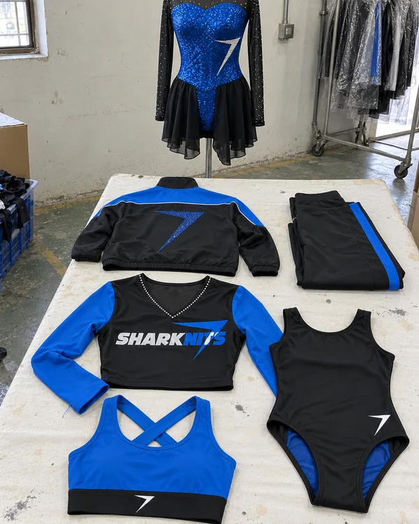 A competition costume on a dress form behind a table of dancewear: a team jacket with a bolt in blue stones, warm-up pants, a team top with SHARKNITS across the chest, a leotard and a crop top