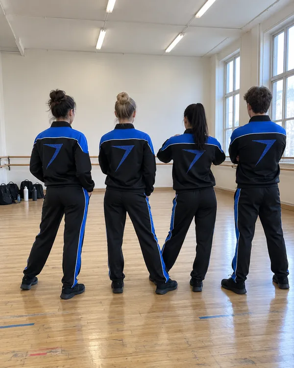 Four dancers seen from behind in a rehearsal hall, in matching black team jackets and pants with blue panels and blue stone bolts on the backs