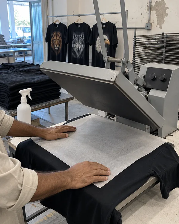 Hands smooth parchment paper over a black tee on a heat press, the pretreated area a little darker
