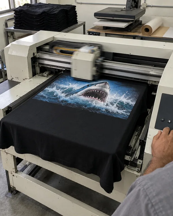 A DTG printer printing a full-color shark breaking through a wave onto a black tee, the top half printed and the bottom half still black