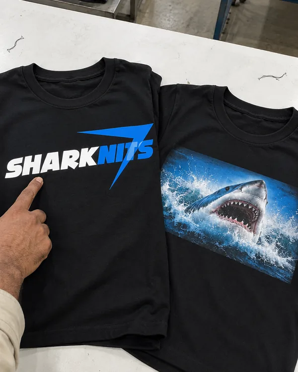 Two black tees side by side: SHARKNITS screen printed in white and blue on the left, a full-color shark printed by DTG on the right