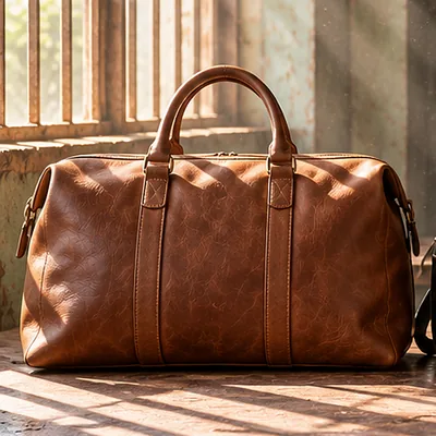 Cognac leather duffel bag with two rolled handles, on a workbench by a barred window