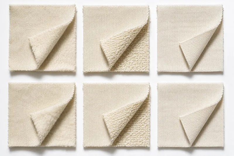 Six squares of cream fabric with one corner folded back to show the inside