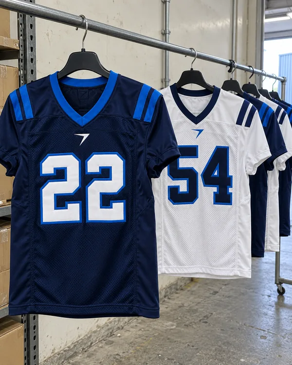 Navy home and white away game jerseys on a factory rail, numbered 22 and 54, with blue shoulder stripes