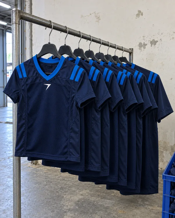 Navy game jerseys on hangers in a size run, the smallest in front and each one behind a little longer
