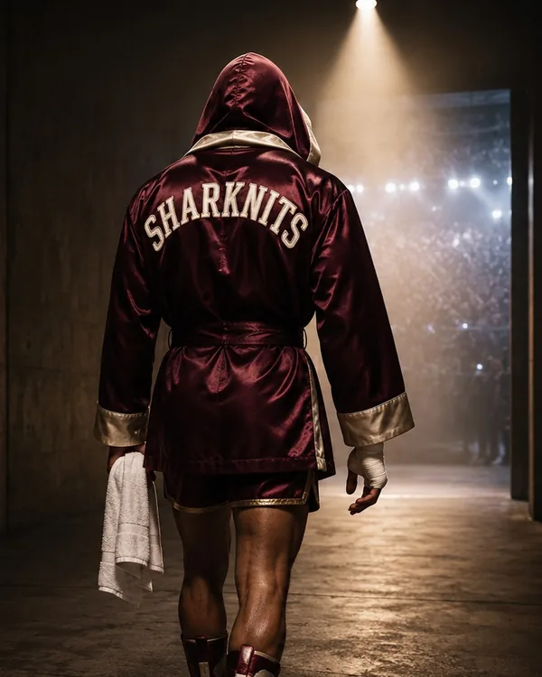 A fighter walks out in a maroon satin robe with SHARKNITS across the back, and matching shorts