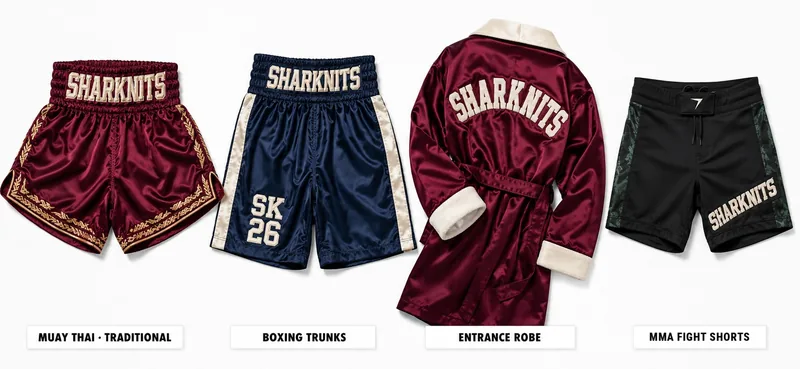 Four fight pieces on white: maroon Muay Thai shorts, navy boxing trunks, a maroon satin robe and black MMA shorts, each with SHARKNITS