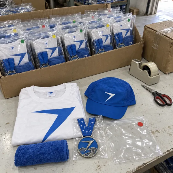 Finisher kits packed in a carton, each in a clear bag with a white tee, a blue cap, a towel and a medal, with one kit laid out in front