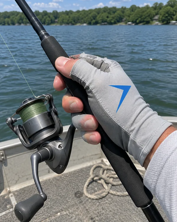 A hand grips a spinning rod at the reel in a light gray fingerless glove with a blue bolt on the back