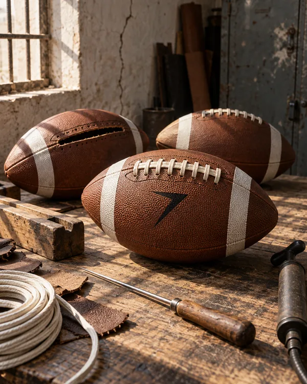 Brown American footballs with white laces and stripes on a lacing bench, the front one stamped with a black bolt