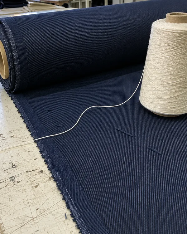 The woven edge of a navy twill roll on a cutting table, with a cone of off-white yarn and its loose end