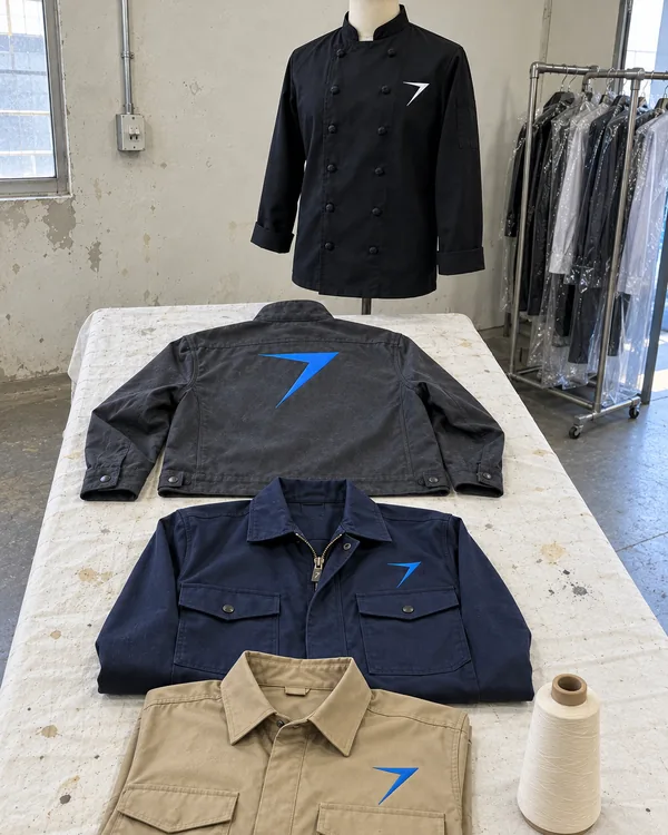A black chef coat on a dress form behind a table of workwear samples: a charcoal welding jacket with a large blue bolt, a navy coverall and a khaki work shirt, beside a cone of yarn