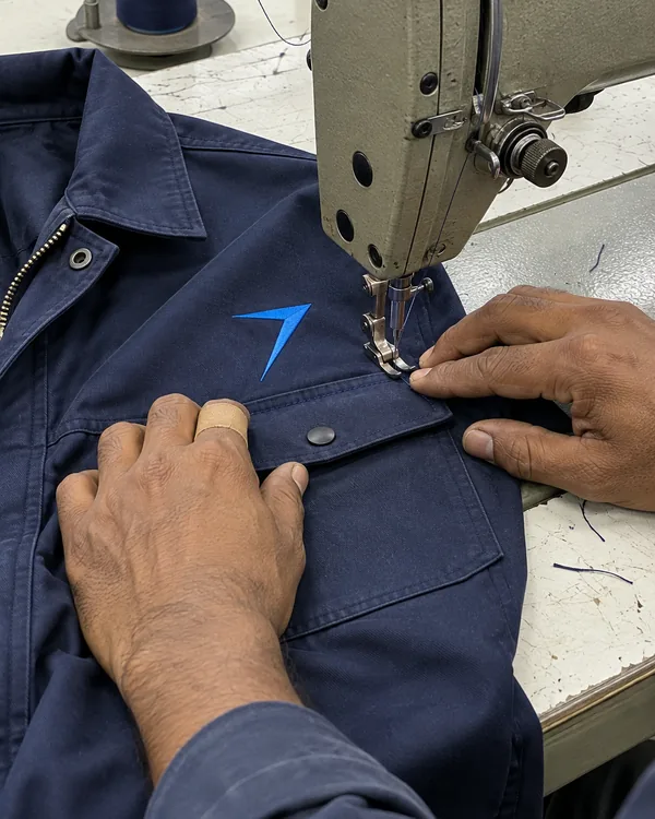 Hands guide the chest pocket of a dark navy coverall under a sewing machine needle, below a blue embroidered bolt
