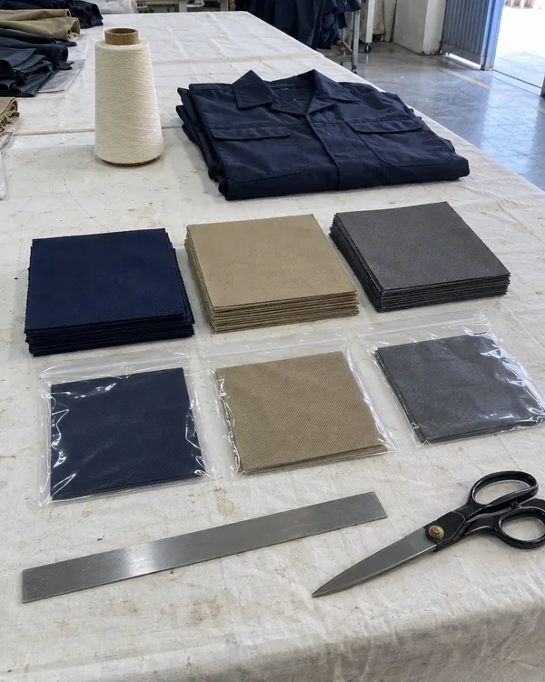 Squares of navy, khaki and charcoal twill in stacks and in clear bags on a sample table, beside a steel ruler and scissors