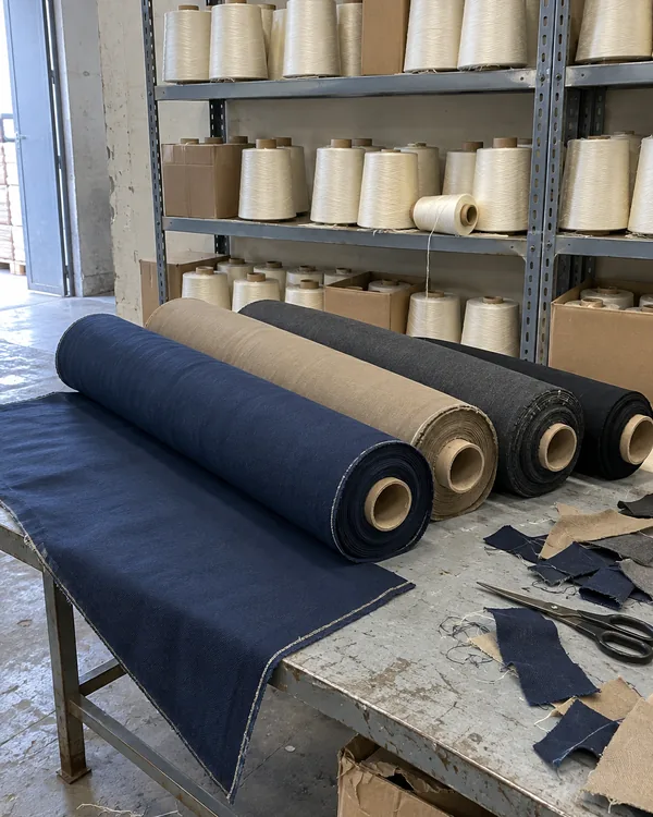 Rolls of navy, khaki, charcoal and black twill on a low table, in front of steel shelves of off-white yarn cones