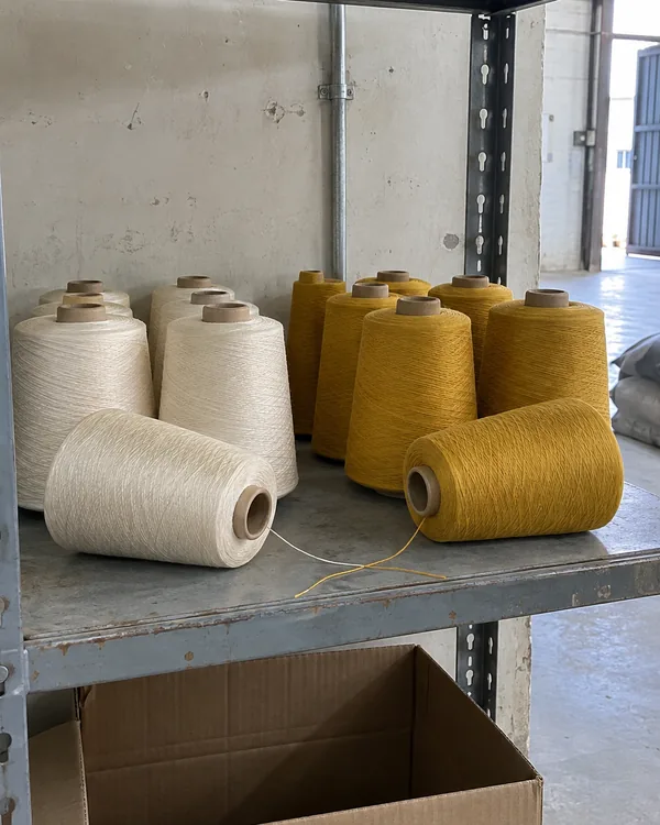 Cones of off-white yarn beside cones of mustard yellow yarn on a steel shelf, two of them lying on their sides