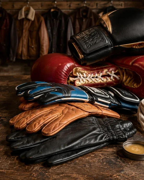 Boxing gloves, motorcycle gloves and leather work gloves stacked on a workbench