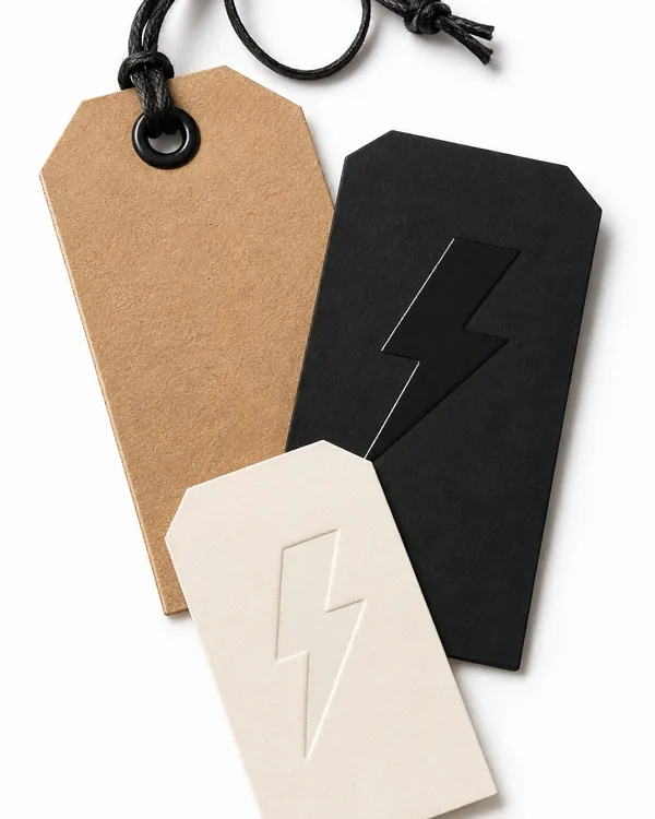 Three hang tags on black cord: kraft, black with a bolt, and cream with a debossed bolt